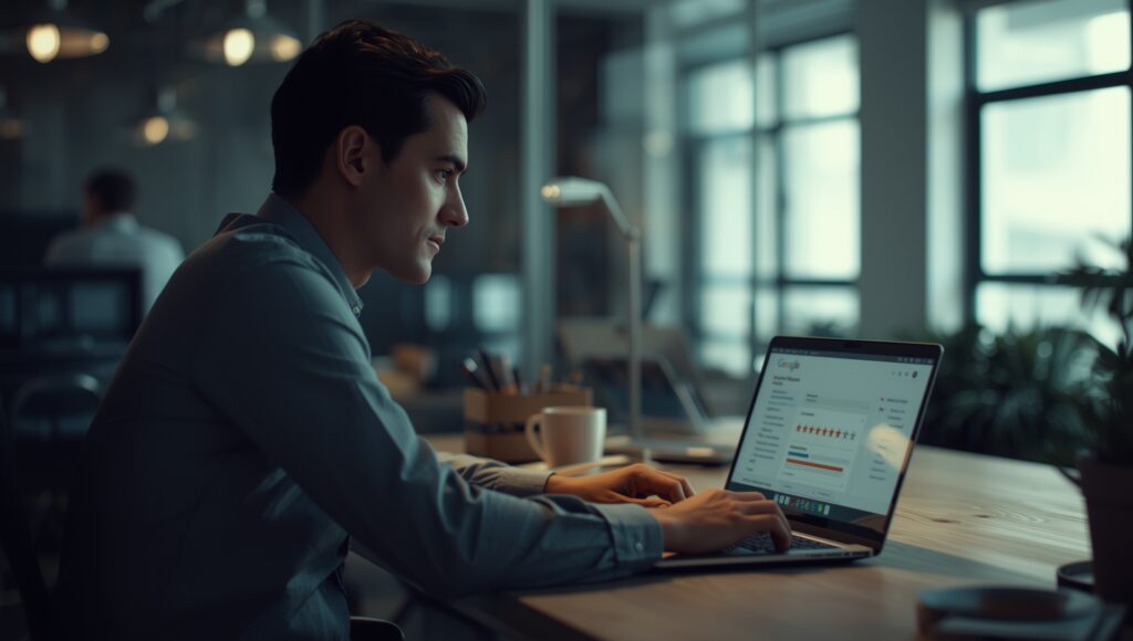 A business owner reviewing Google feedback on a laptop, symbolizing online reputation management and professional response strategy.