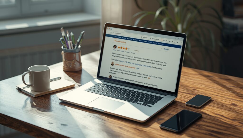 A realistic workspace featuring a laptop displaying customer reviews and star ratings, symbolizing small business reputation management.