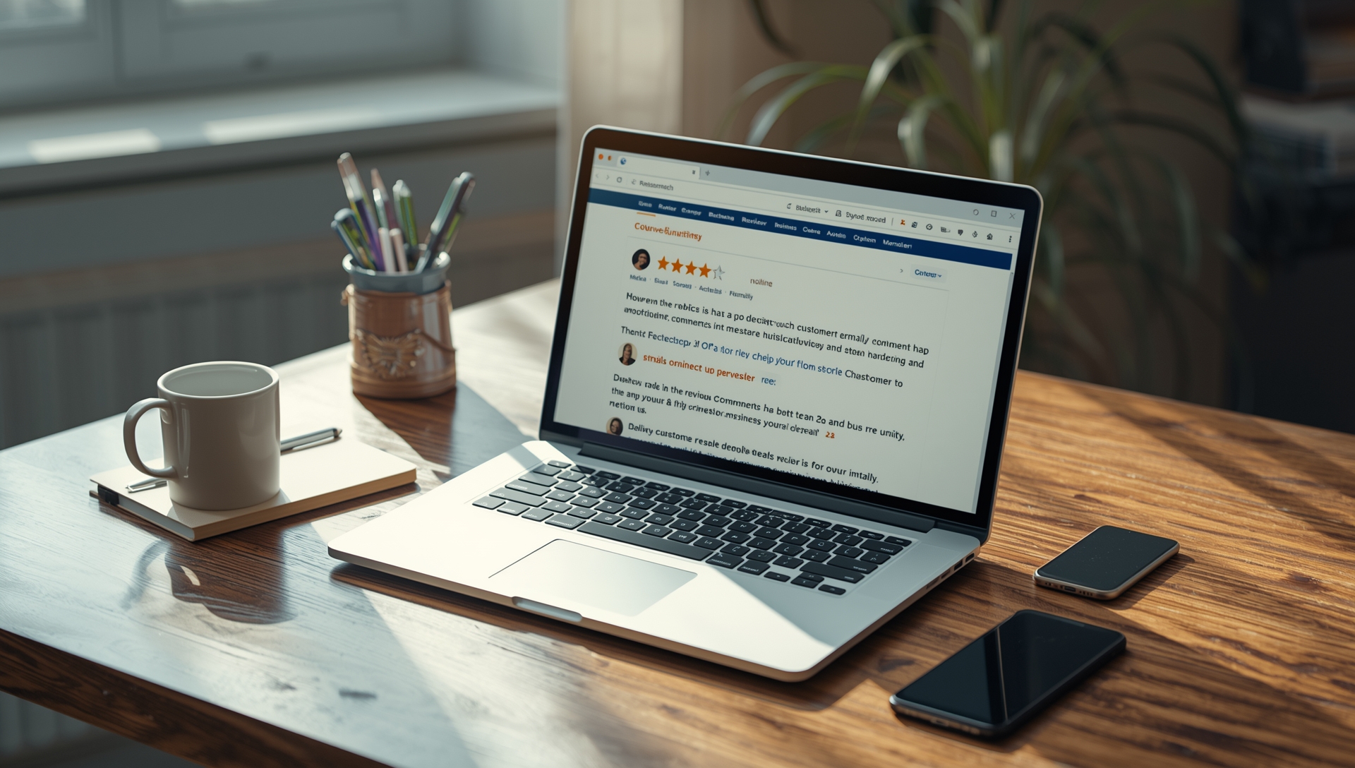 A realistic workspace featuring a laptop displaying customer reviews and star ratings, symbolizing small business reputation management.