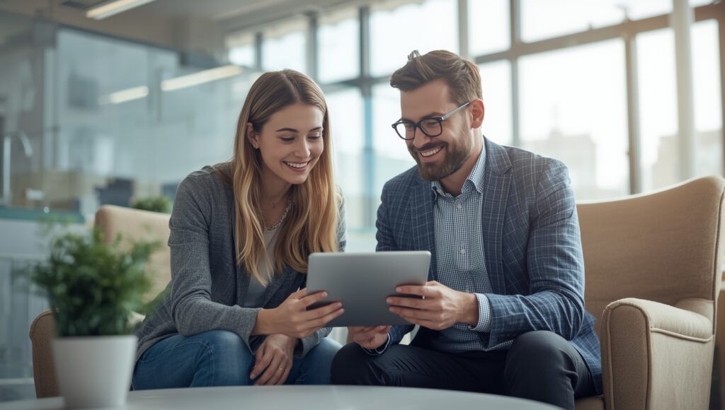 A consultant and small business owner reviewing digital reputation reports on a tablet in a bright modern office setting.