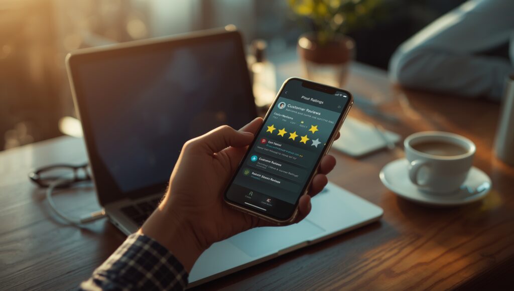 A person holding a smartphone displaying star ratings and customer reviews in a modern workspace with warm natural lighting.