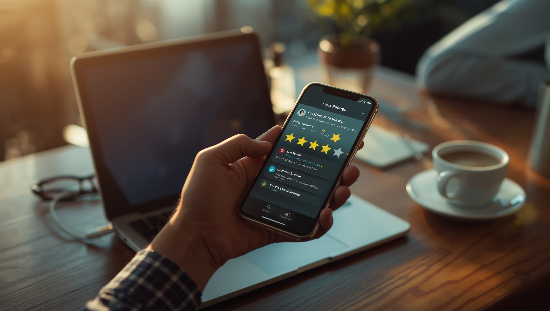 A person holding a smartphone displaying star ratings and customer reviews in a modern workspace with warm natural lighting.